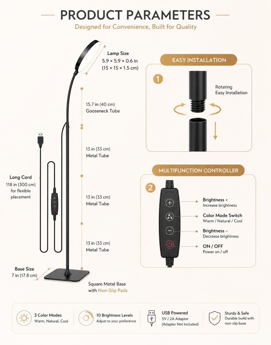 LED Floor Lamp Changeable Reading Lamp with Flexible Gooseneck Dimmable Table or Floor Standing Task Light for Indoor Room
