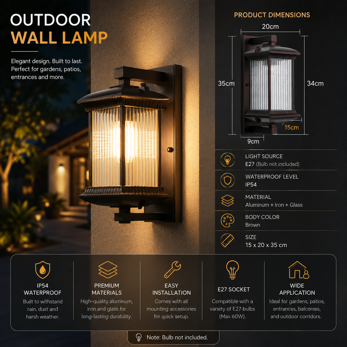 Outdoor Wall Lamp Metal Waterproof Outside Wall Lights AC90-260V Exterior Wall Lighting for Hotel Villa Big Porch Garden Gate