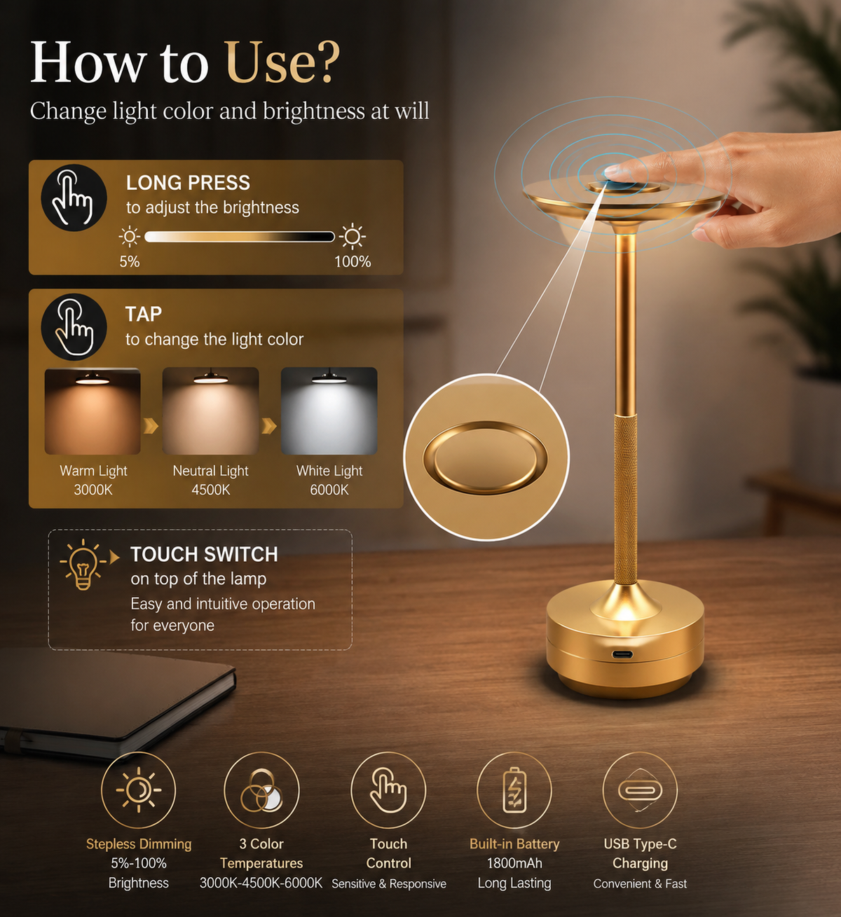 Rechargeable Wireless Table Lamp for Bedroom, Rechargeable, Touch Lamp, Camping Candle, Creative, USB-C, Desk Lamp