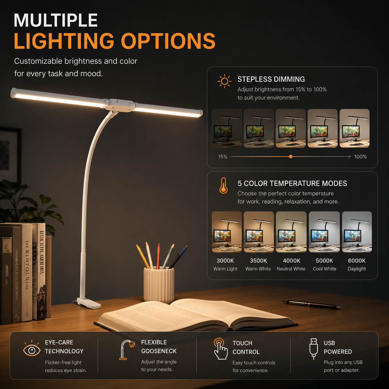 LED Desk Lamp Double/Single Head Architect Desk Lamps Office Eye-Caring Desk Dimmable