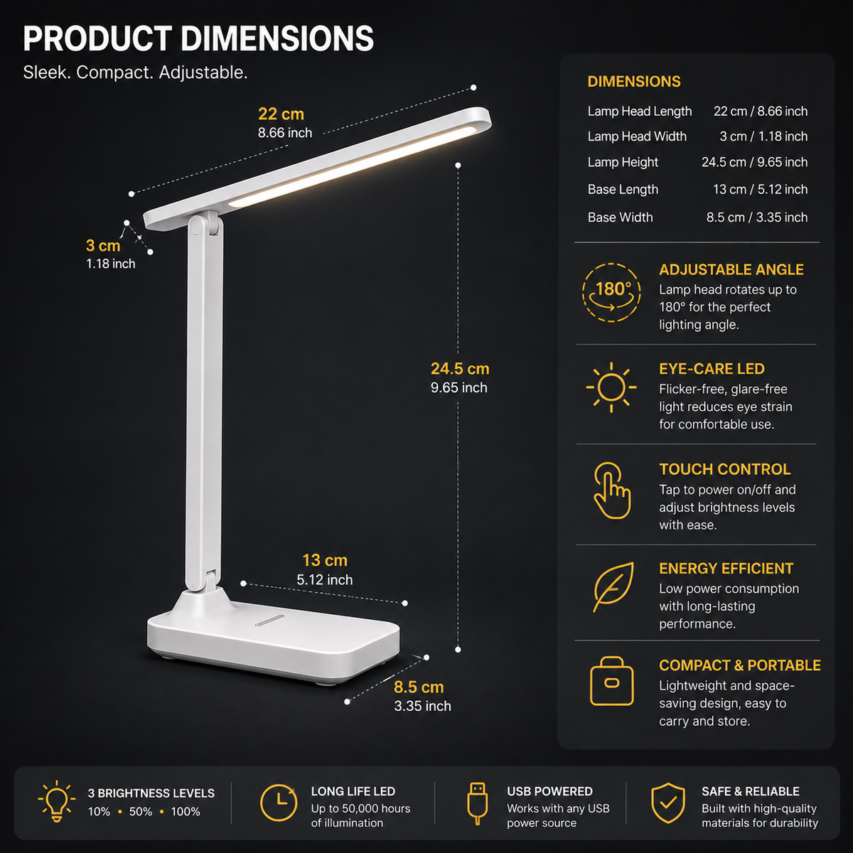 Folding Desk Lamp, USB Touch Control Dimmable Night Light, LED USB Rechargeable Desk Lamp for Student Dormitory Reading and Bedr