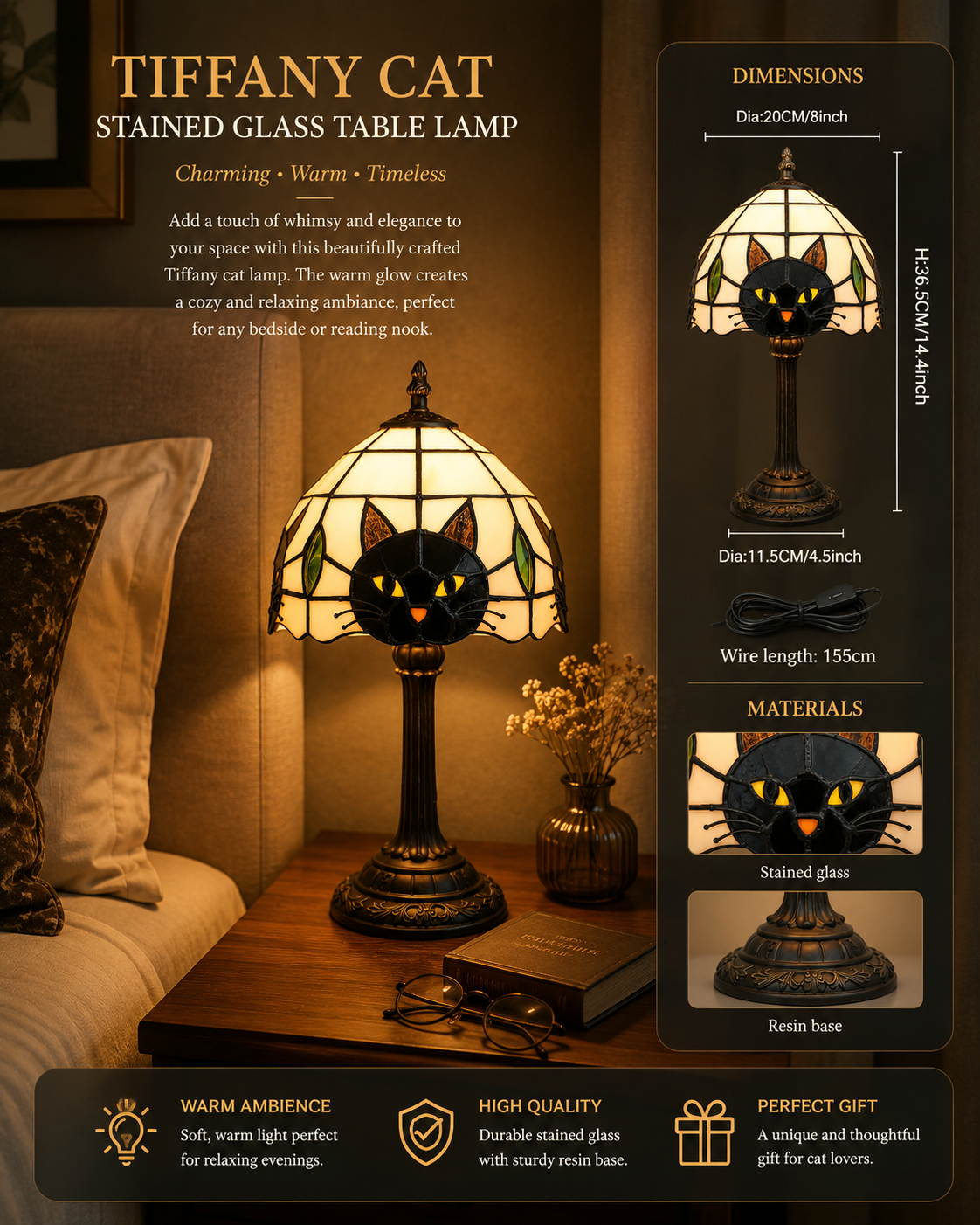 Black Cat Table Lamp for Bedroom Nightstand Decor