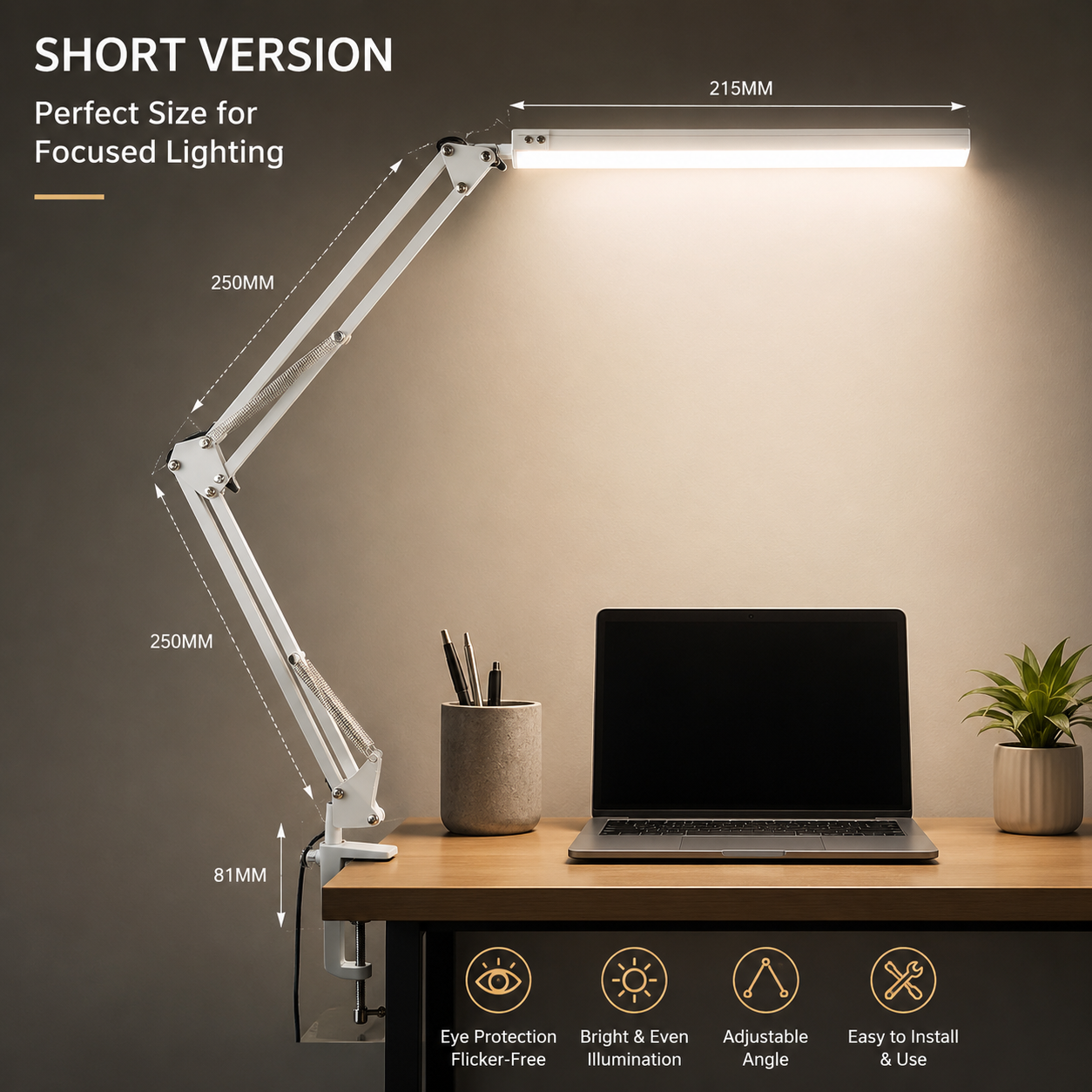 LED Desk Lamp with Clamp Swing Arm Eye-Caring Dimmable