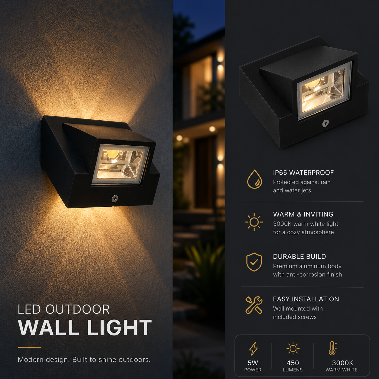 Waterproof IP65 Outdoor Wall Light Aluminium 5W LED Wall Lamp Sconce