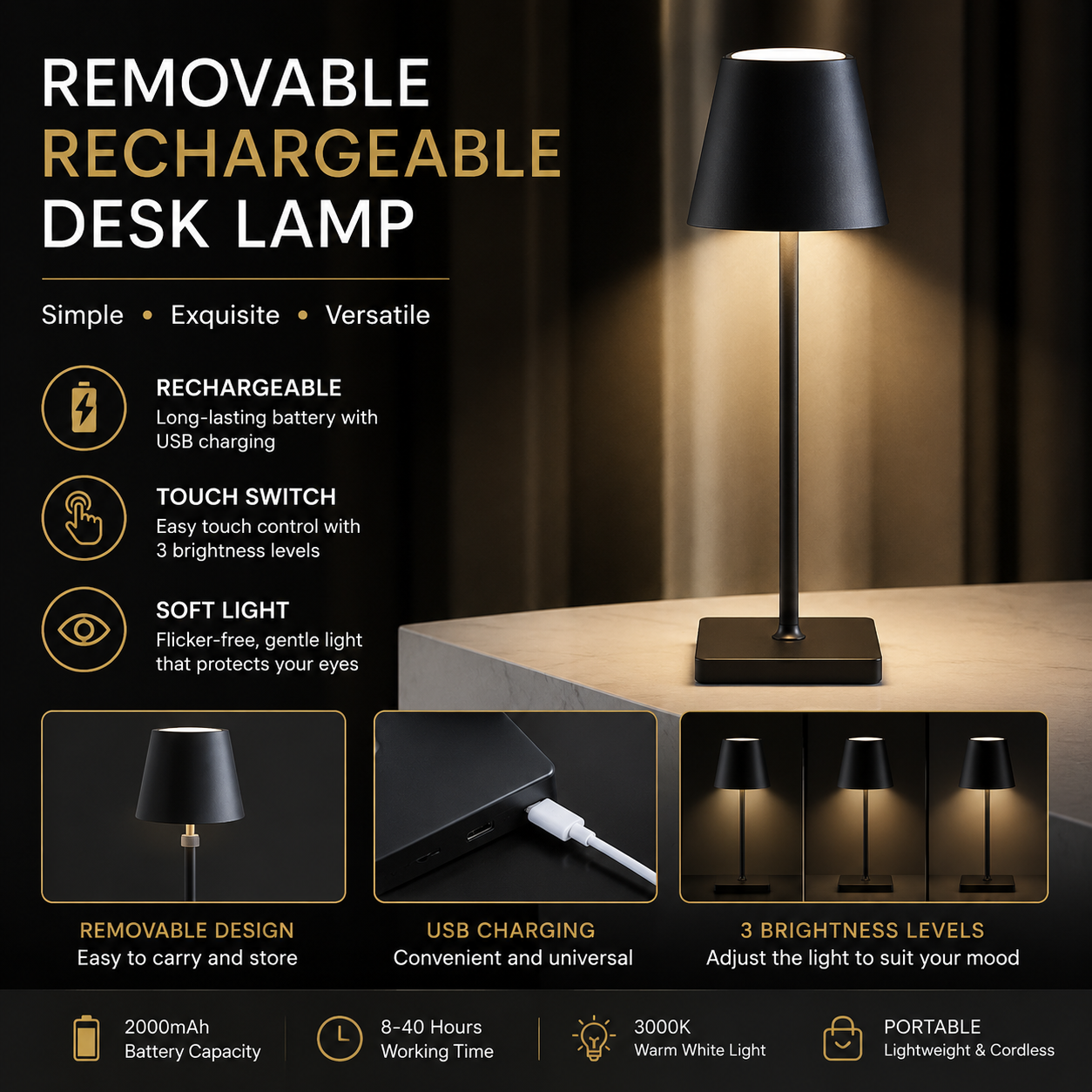 LED Desk Lamp Usb Rechargeable Touch Table Lamp Bar Restaurant Ambiance Wireless