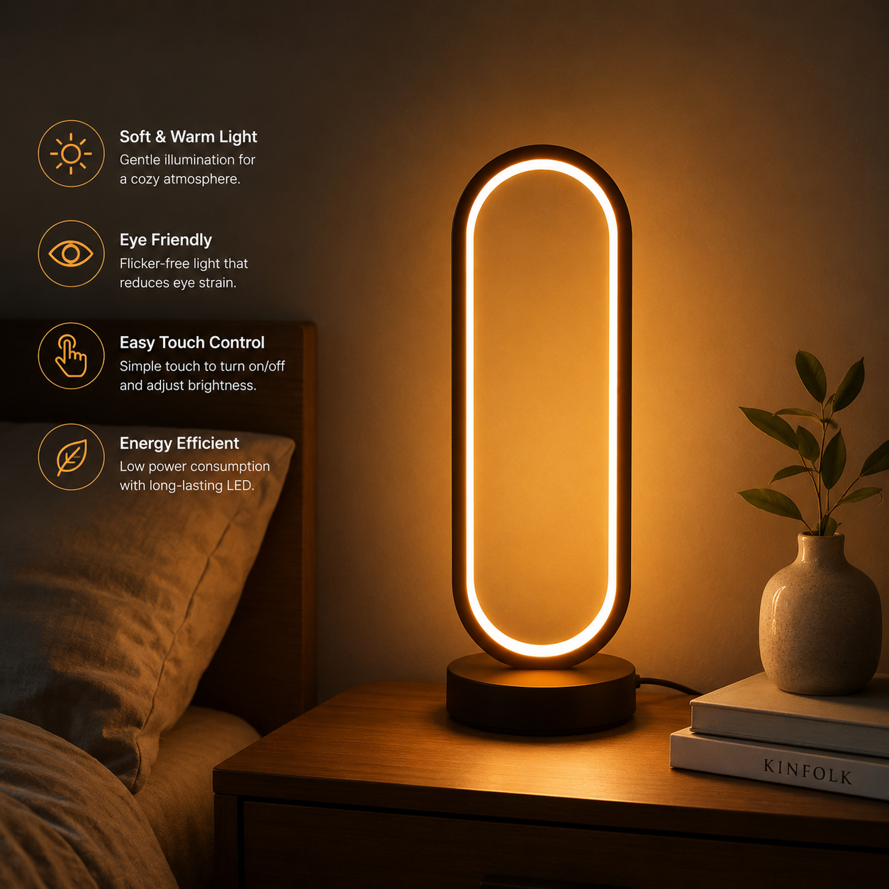 1PC Lamp Bedroom Ring Lamp Living Room Three-color Dimming Bedside Lamp LED