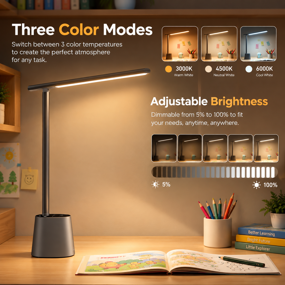 LED Desk Lamp Eye Protection Study Dimmable Office Light Foldable Table Lamp Smart Adaptive Brightness Bedside Read Lamp