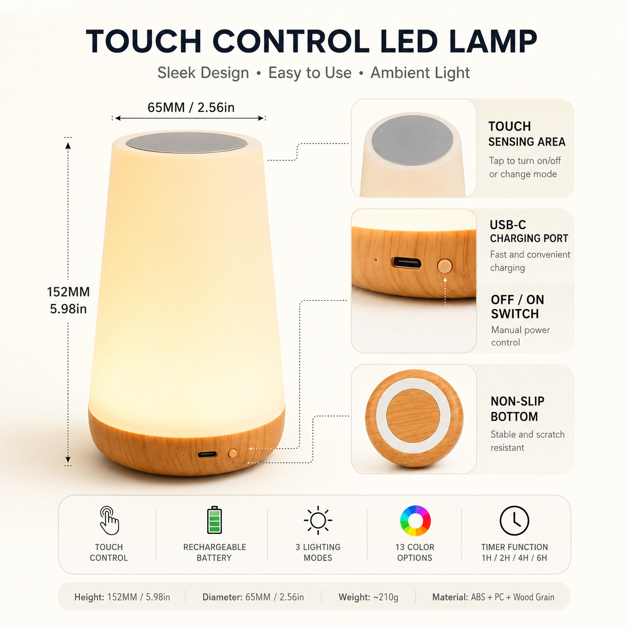 13 Color Changing Night Light Touch USB Rechargeable Lamp with Remote Control