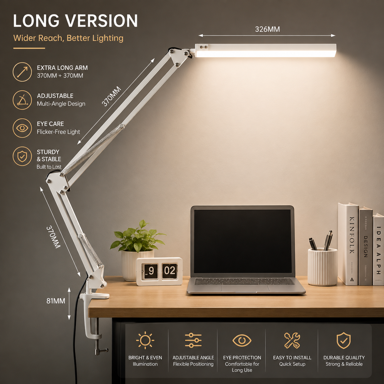 LED Desk Lamp with Clamp Swing Arm Eye-Caring Dimmable