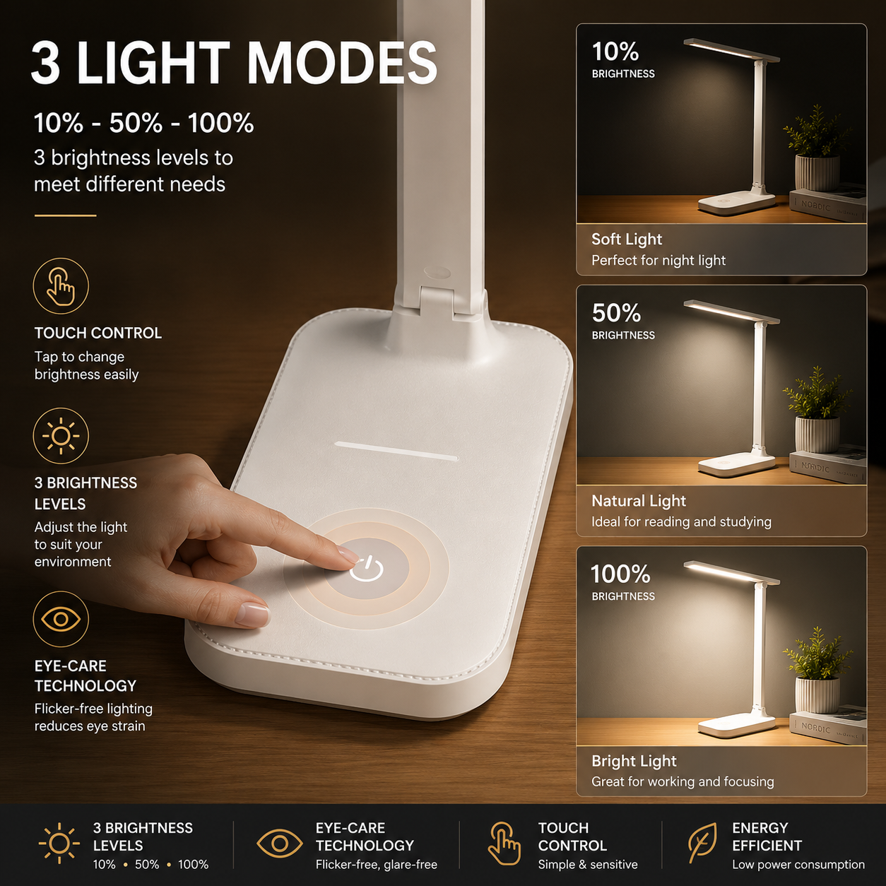 Folding Desk Lamp, USB Touch Control Dimmable Night Light, LED USB Rechargeable Desk Lamp for Student Dormitory Reading and Bedr