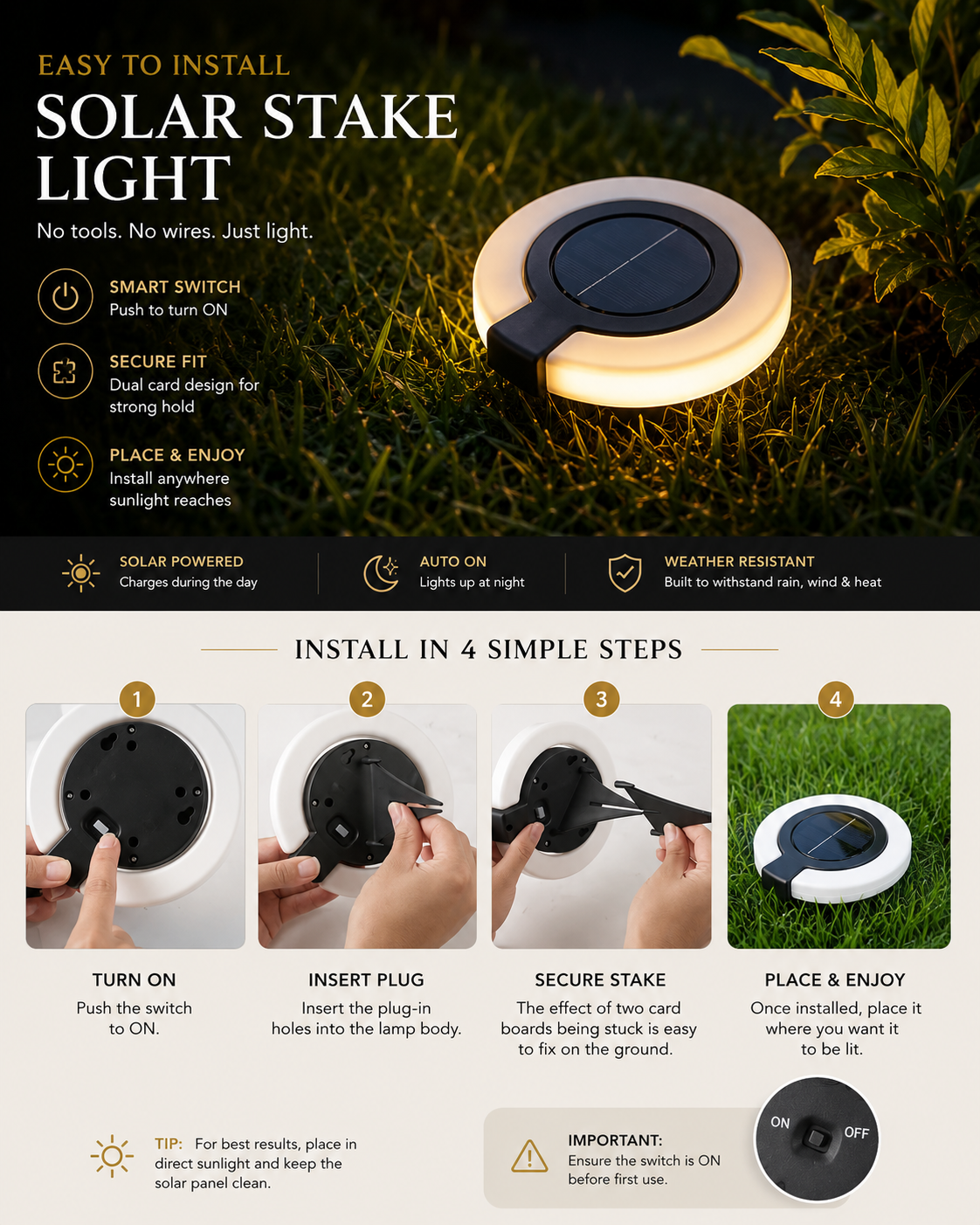 1 or 4 Pack Solar Outdoor Lights, LED Waterproof Atmosphere Light, Warm White Lamp, for Garden Fence Buried Lawn Porch Walkway Deco