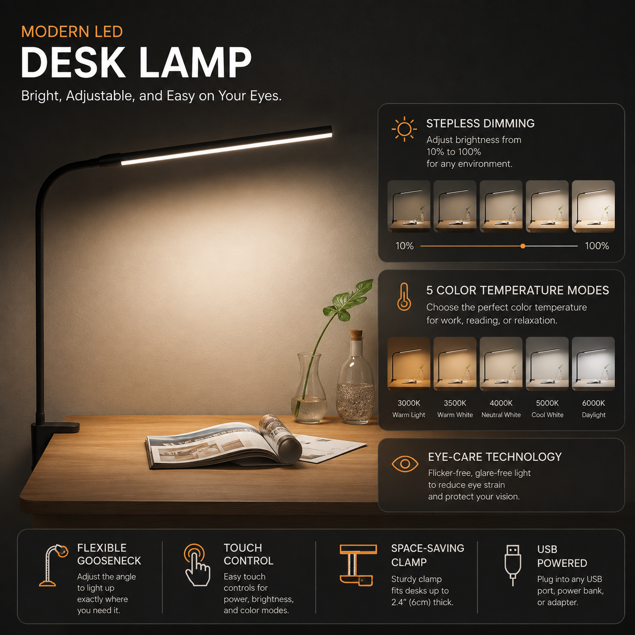 LED Desk Lamp Double/Single Head Architect Desk Lamps Office Eye-Caring Desk Dimmable
