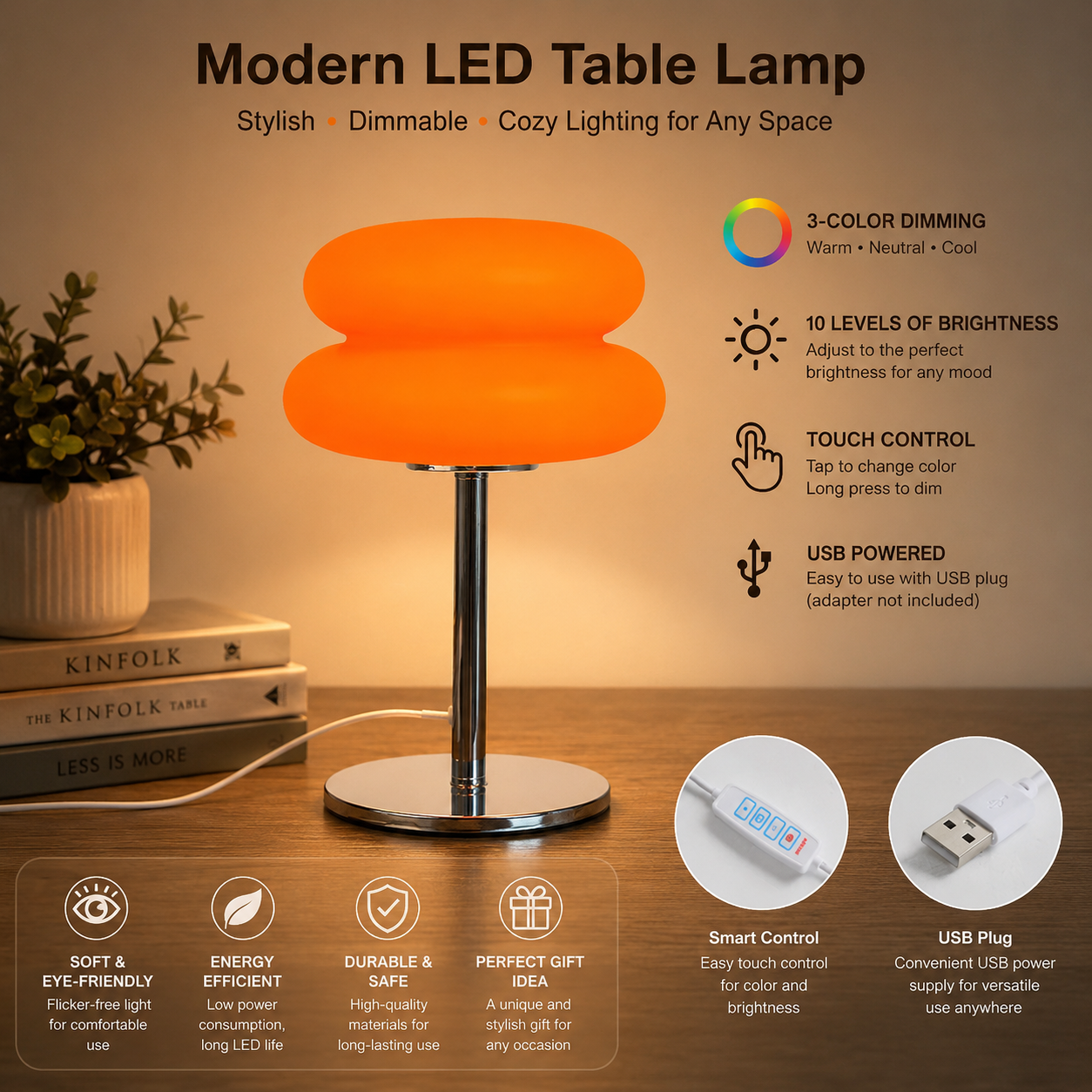 Bedroom Bedside Lamp Creamy Style Table Lamp USB Plug Tri Color Dimming