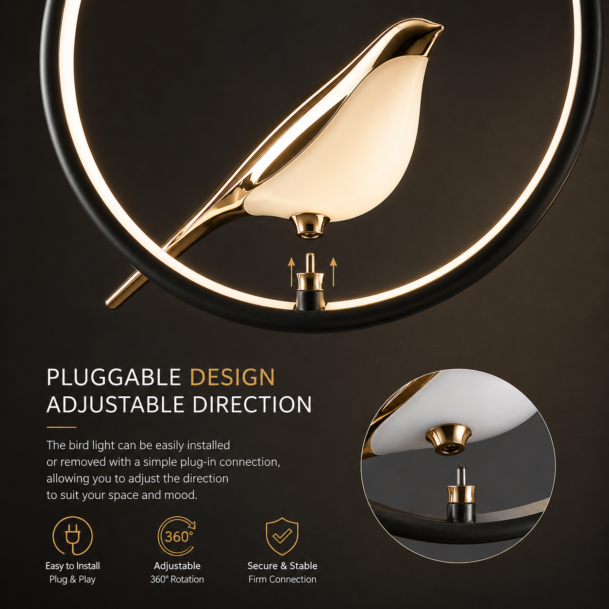 Rotatable Magpie Bird LED Pendant Light for Bedside Bedroom Indoor Gold Silver Hanging Lighting Chandelier