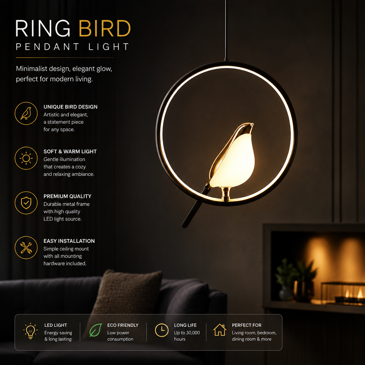 Rotatable Magpie Bird LED Pendant Light for Bedside Bedroom Indoor Gold Silver Hanging Lighting Chandelier