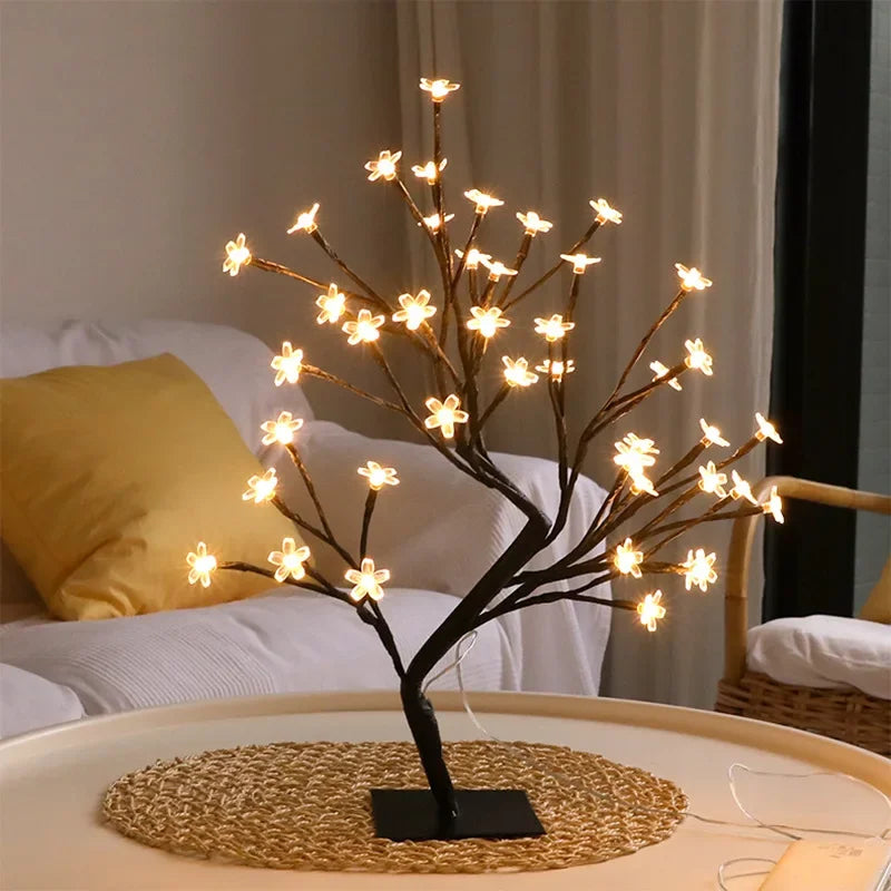 24 LED Table Lamp USB Power Fairy Flower Tree Night Light Bedroom Bedside Living Room Desktop Decoration Desk Lamp Night Lights