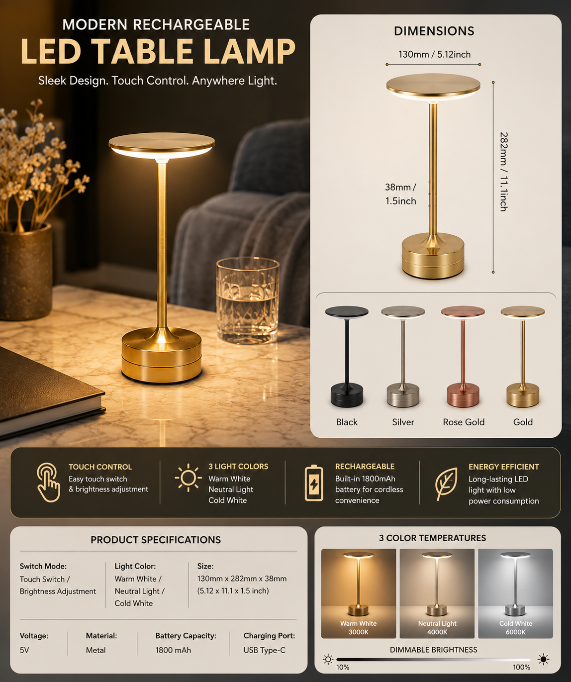 LED Table Lamp Touch Sensor Night Light USB Rechargeable Portable Bedroom Night Light Wireless Reading Lamp Restaurant Hotel Bar