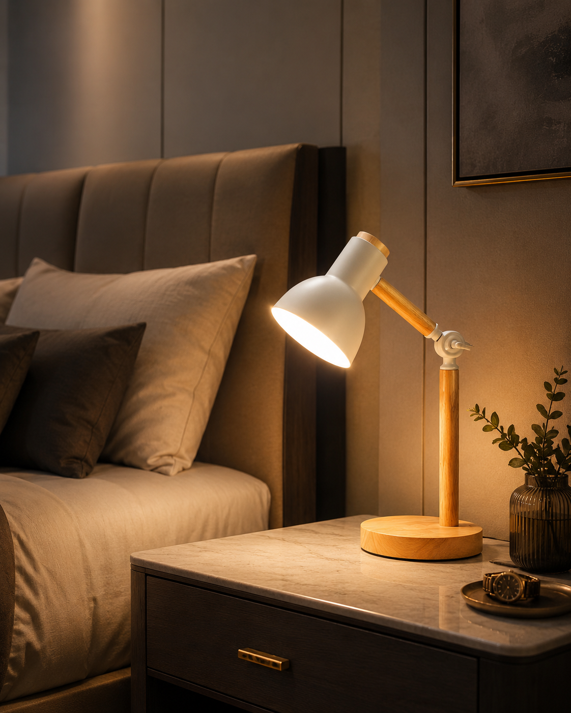 Creative Nordic Table Lamp Wooden Art LED Turn Head Simple Bedside Desk