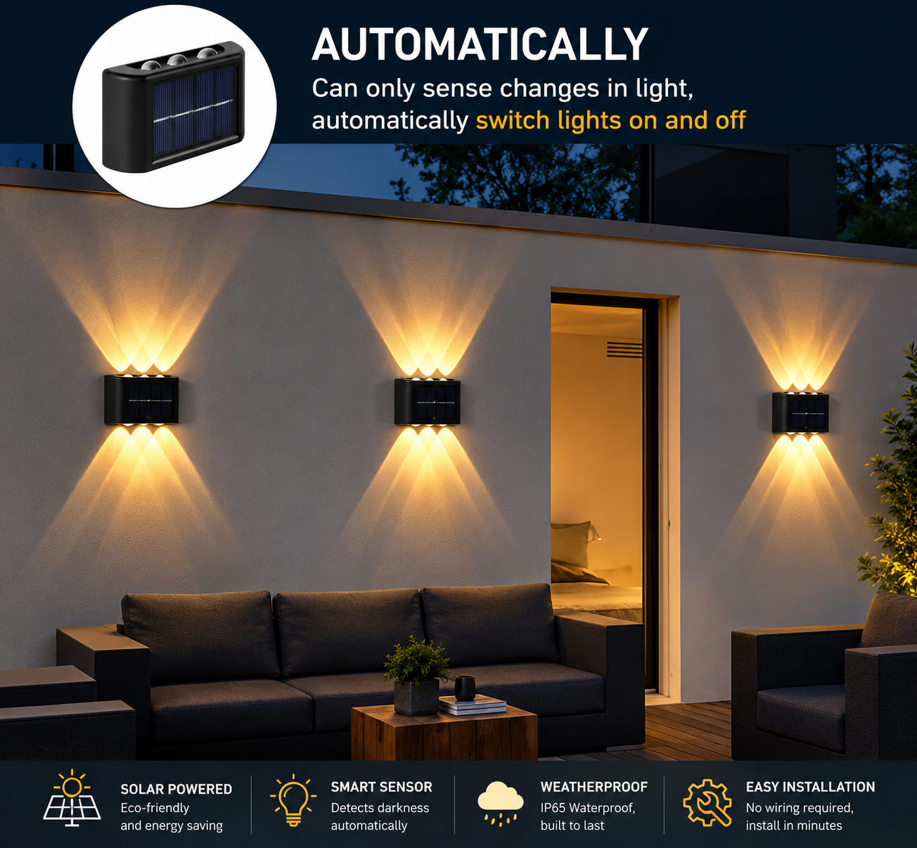 Solar LED Light, Outdoor Waterproof Wall Lamp, Dusk to Dawn Fence Lighting for Summer Garden Yard Porch Walkway Camping Home Dec