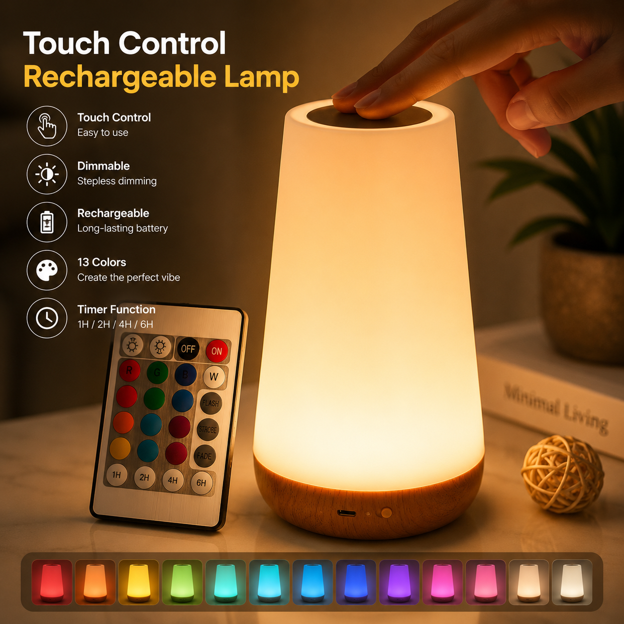 13 Color Changing Night Light Touch USB Rechargeable Lamp with Remote Control