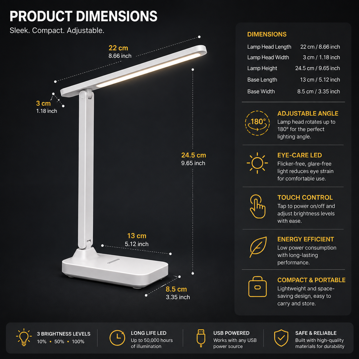 Folding Desk Lamp, USB Touch Control Dimmable Night Light, LED USB Rechargeable Desk Lamp for Student Dormitory Reading and Bedr